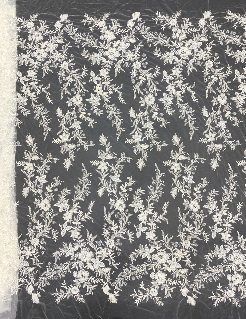 Symmetrical Floral Beaded Sequin Lace Fabric