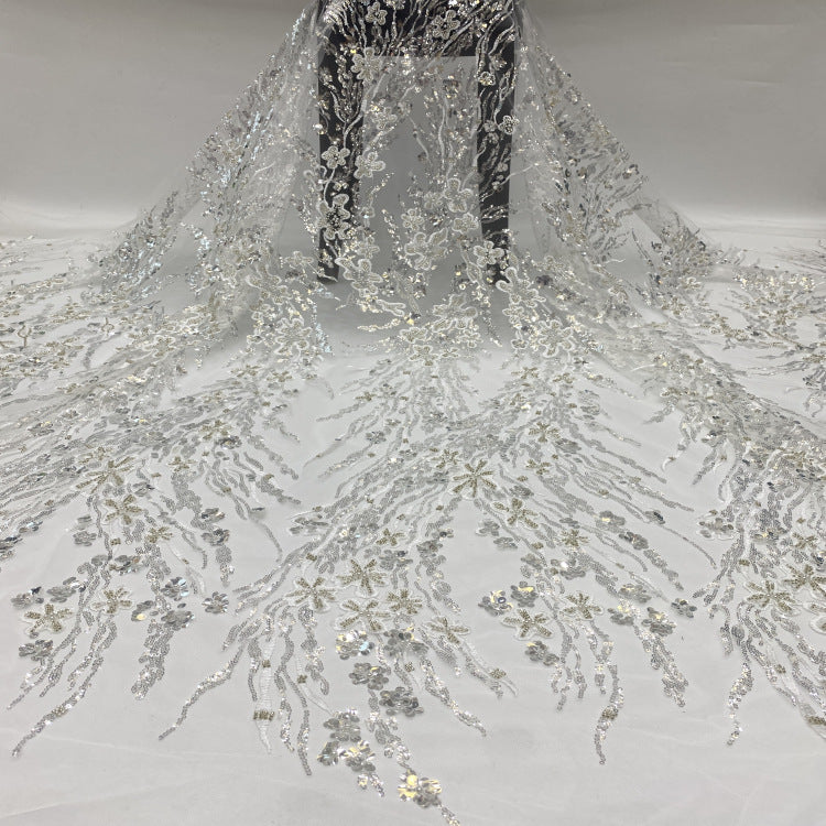 3/7 mm Crystal-Look Sequin & Silver-Bead Embroidered Bridal Fabric – Design 47551