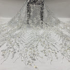 3/7 mm Crystal-Look Sequin & Silver-Bead Embroidered Bridal Fabric – Design 47551
