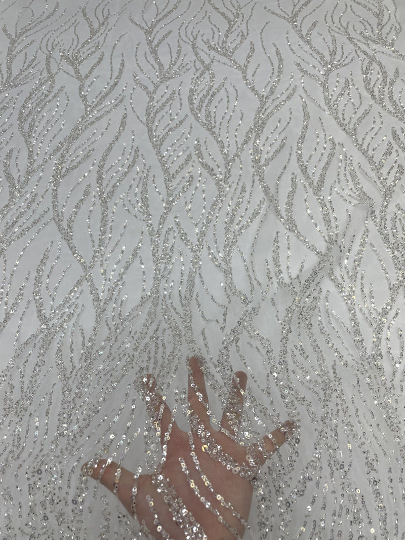 Willow Leaf Silver Bead & Crystal Sequin Fabric — fabric photo 4