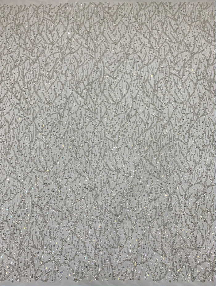 Fine 3/7 mm Crystal-Look Sequin & Silver-Bead Embroidered Bridal Fabric — fabric photo 2