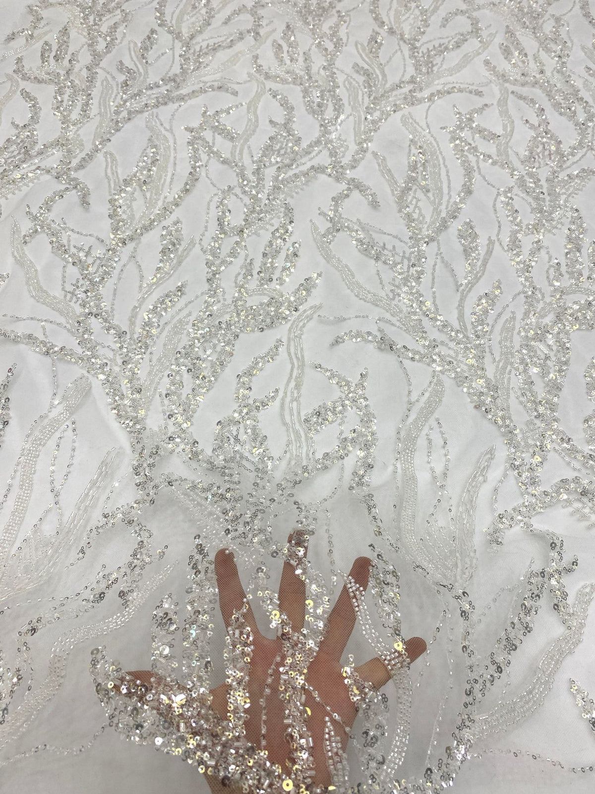 Silver Bead Crystal Sequin Embroidered Bridal Fabric — fabric photo 4