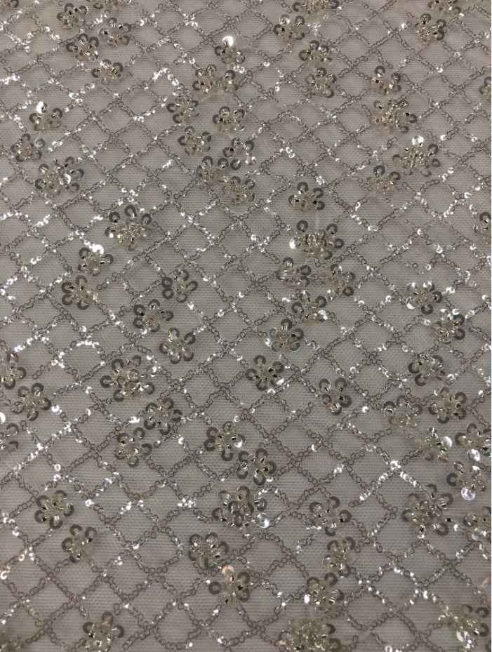 2/4 mm Crystal-Look Sequin & Silver-Bead Embroidered Bridal Fabric – Design 45311 — fabric photo 5