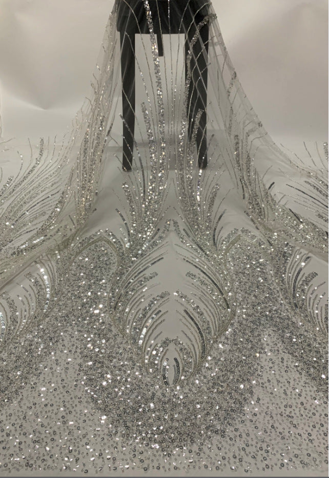 3D 3/5 mm Crystal-Look Sequin & Silver-Bead Embroidered Bridal Fabric – Design 72575 — fabric photo 6