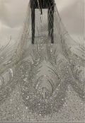 3D 3/5 mm Crystal-Look Sequin & Silver-Bead Embroidered Bridal Fabric – Design 72575 — fabric photo 6