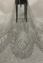 3D 3/5 mm Crystal-Look Sequin & Silver-Bead Embroidered Bridal Fabric – Design 72575 — fabric photo 6
