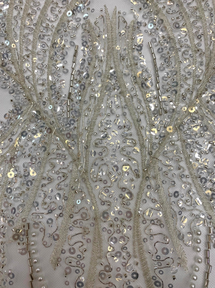 Heavy 3/5 mm Crystal-Look Sequin & Triple-Bead Embroidered Bridal Fabric – Design 71903 — fabric photo 4