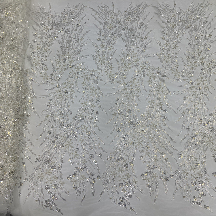 3/7 mm Crystal-Look Sequin & Silver-Bead Embroidered Bridal Fabric – Design 47551 — fabric photo 2