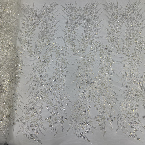 3/7 mm Crystal-Look Sequin & Silver-Bead Embroidered Bridal Fabric – Design 47551 — fabric photo 2