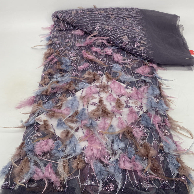 Feather Bead & Sequin Embroidered Bridal Fabric — fabric photo 4