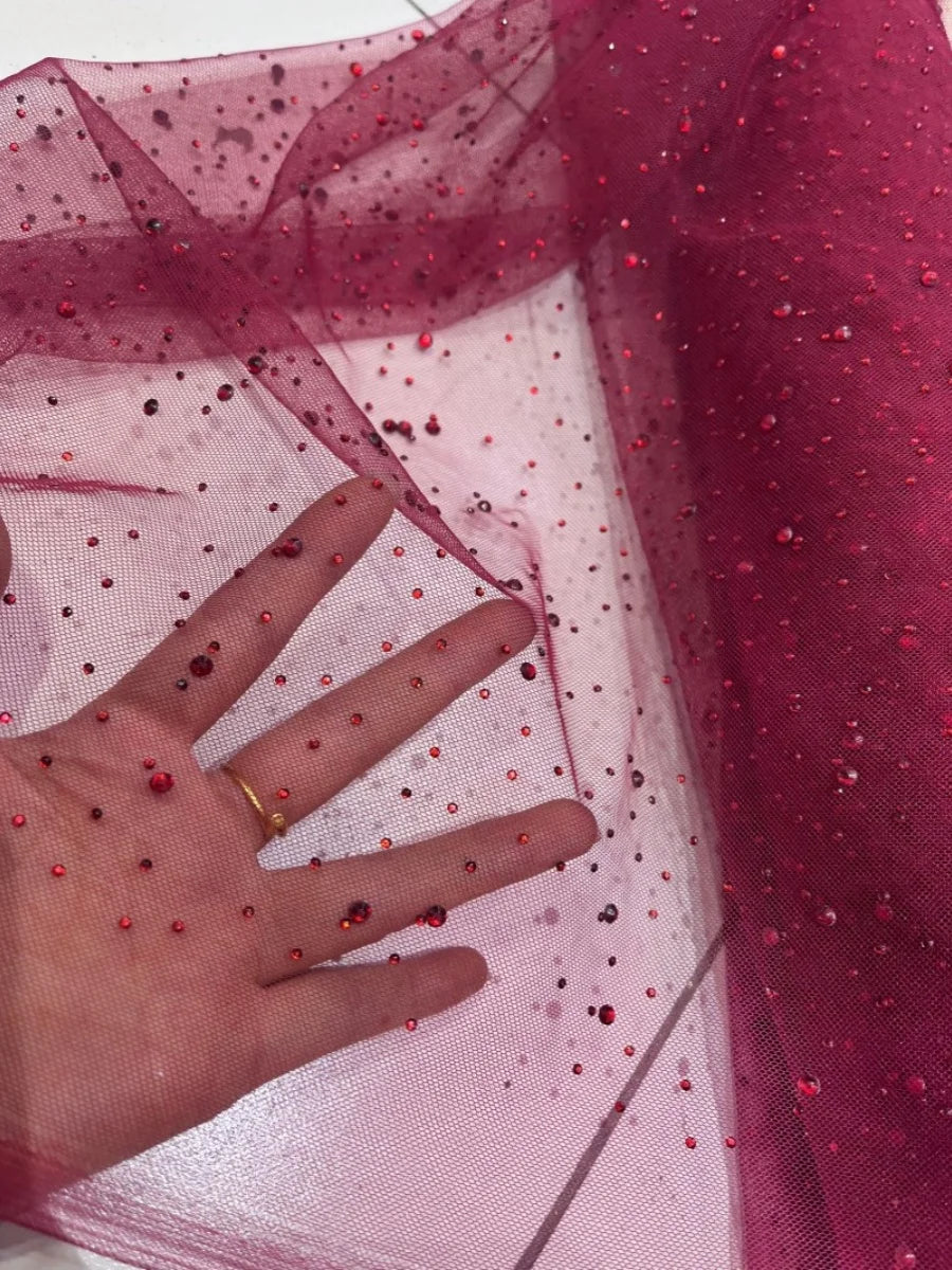 Wine Red Champagne Dark Green Iridescent Laser Hot Stamping Sequins Mesh Fabric Embroidery Lace Wedding Fabric