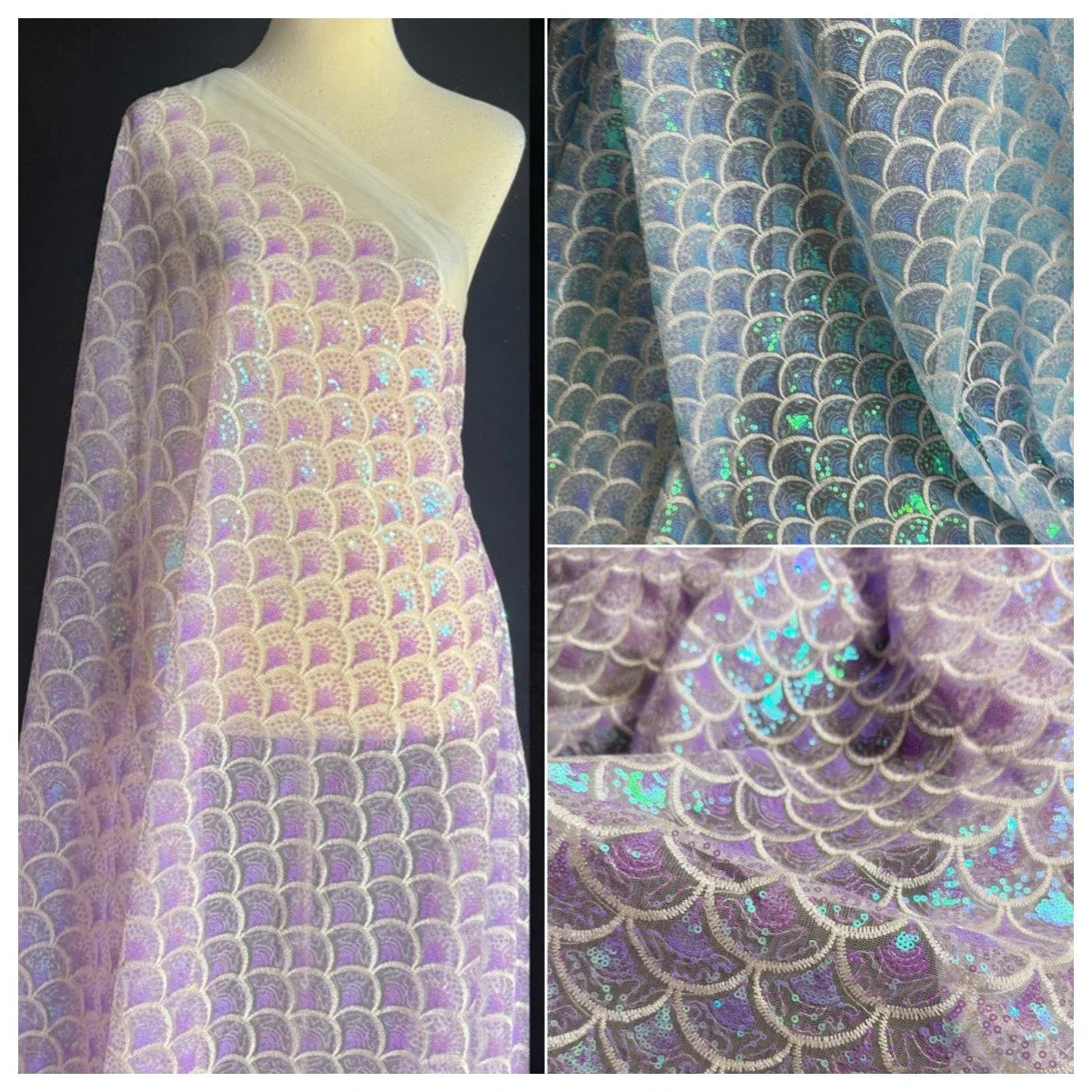 Mermaid Fish Scale Sequin Lace Mesh Fabric - Iridescent Holographic