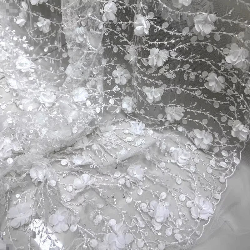 قماش دانتيل فرع ثلاثي الأبعاد - خرز زهور مخملي مطرز بالترتر وشبكة