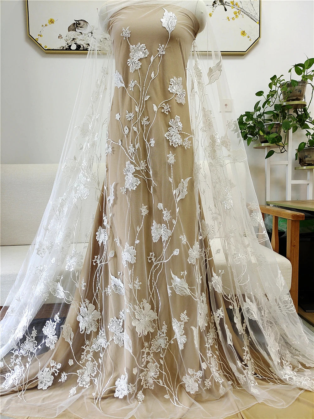 Flores de tela de encaje, vestidos de novia, vestidos de novia, tocados, cortinas de lentejuelas bordadas DIY, ramas de encaje cheongsam