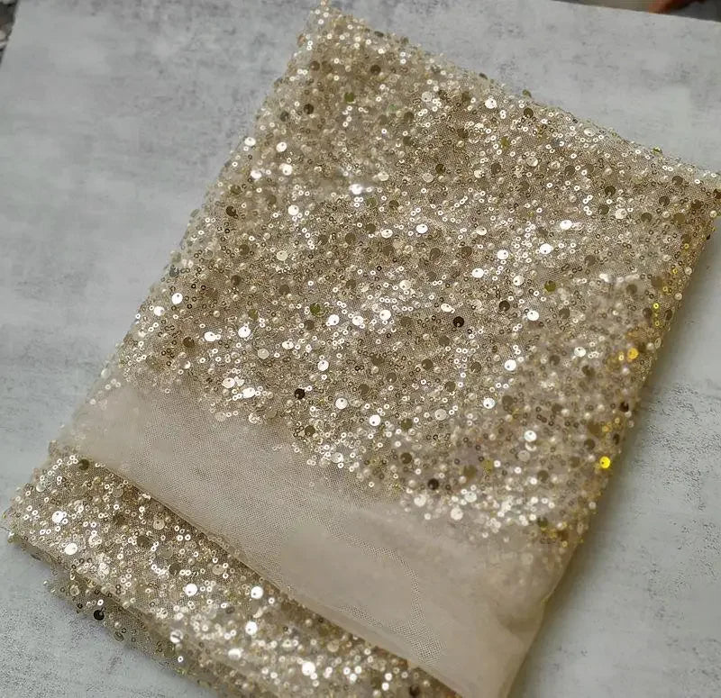 1.5m Wide Encryption Various colors Bead Embroidery Sequin Mesh Lace Fabric for Wedding Dresses Stage Clothing