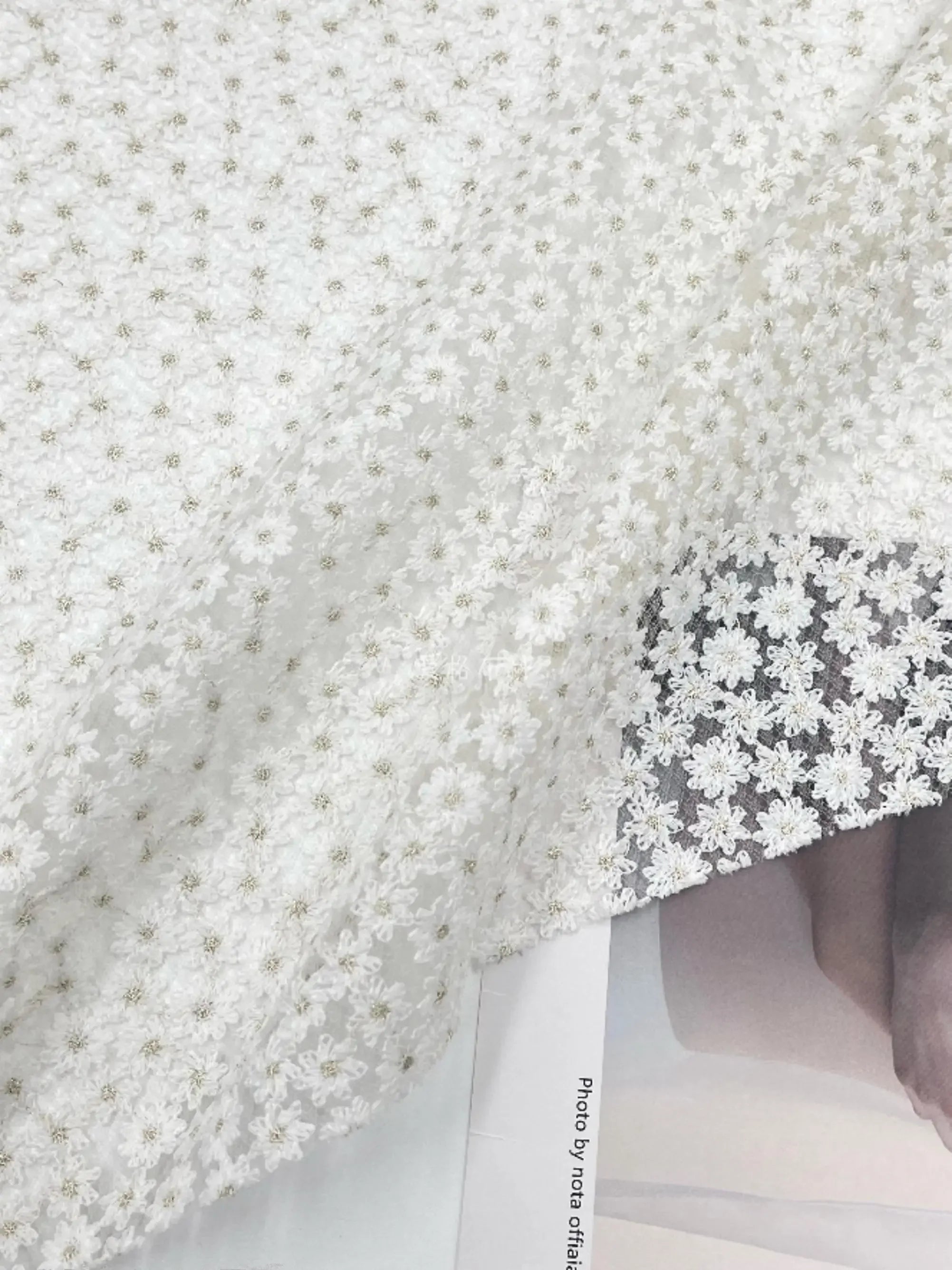 Tela de malla de encaje semitransparente con bordado de rosas blancas y exquisitas estrellas para vestido y falda abullonada