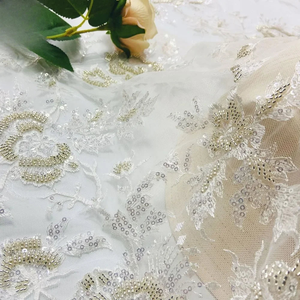 New Sequined Rose Bead Tube Embroidery Fabric, High-end Heavy Industry Multi-color Wedding Dress Bead Mesh Fabric Stoff Tessuto