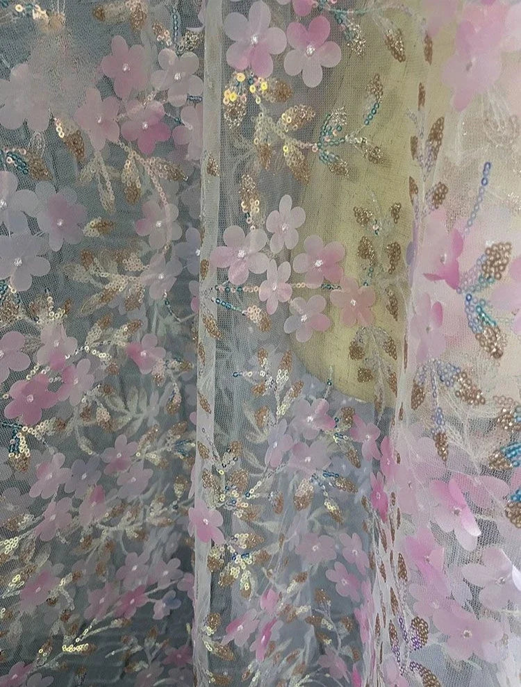 Pink 3D Flower Embroidered Net Fabric With Sequins For Wedding Dress Cheongsam Gown Handmade Clothing Lace Embroidery Material