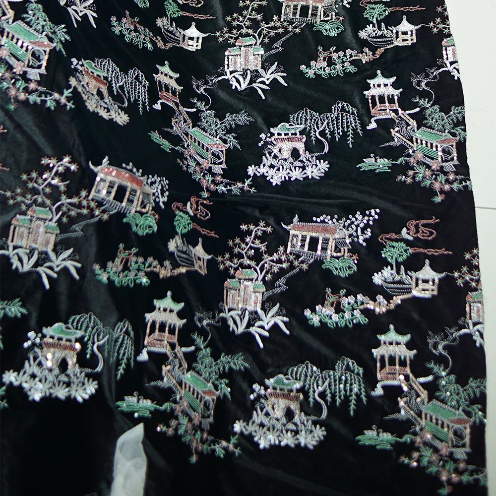 قماش شبكي مطرز بالترتر الأسود من أزهار الكرمة لفساتين شيونغسام الرسمية، مصنوع من مادة الدانتيل الملونة الأنيقة