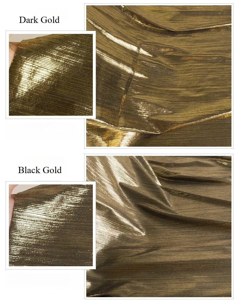 قماش مطاطي محبوك مجعد لامع بخطوط ذهبية وفضية لامعة مناسب لفستان زفاف ضيق وأزياء راقية