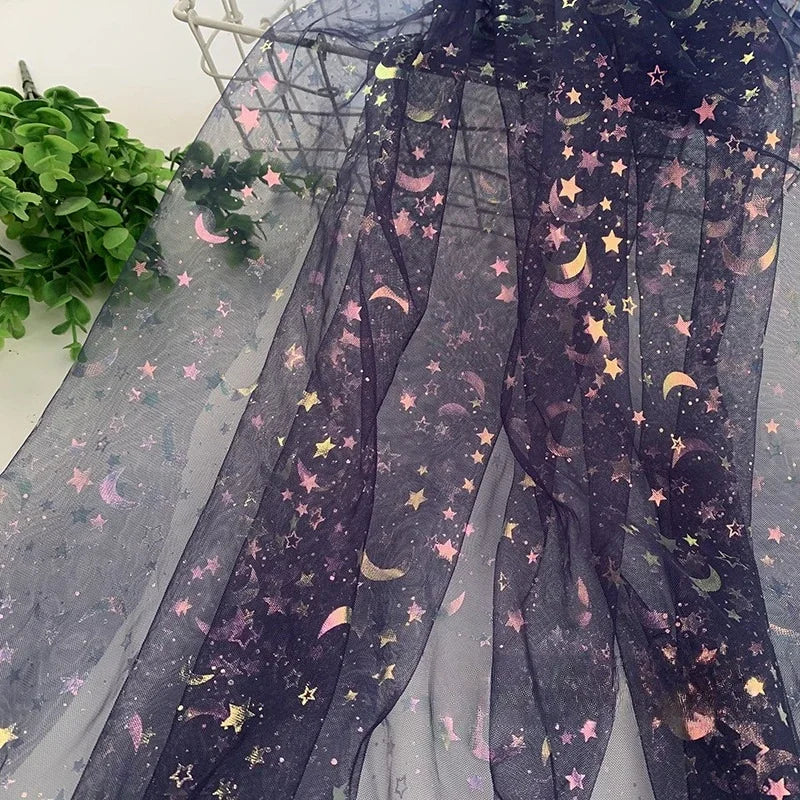 Dreamy Mesh Fabric For Children In Princess Style With Colored Star And Moon Printed Pattern Suitable For Wedding Dress Designer