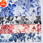 قميص بأكمام قصيرة من قماش قطني مطبوع عليه زهور الفاوانيا، أزرق وأبيض، بنمط غسيل حبر، مناسب للأمتعة والحقائب