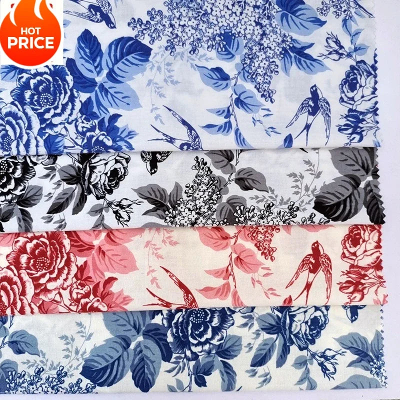 قميص بأكمام قصيرة من قماش قطني مطبوع عليه زهور الفاوانيا، أزرق وأبيض، بنمط غسيل حبر، مناسب للأمتعة والحقائب