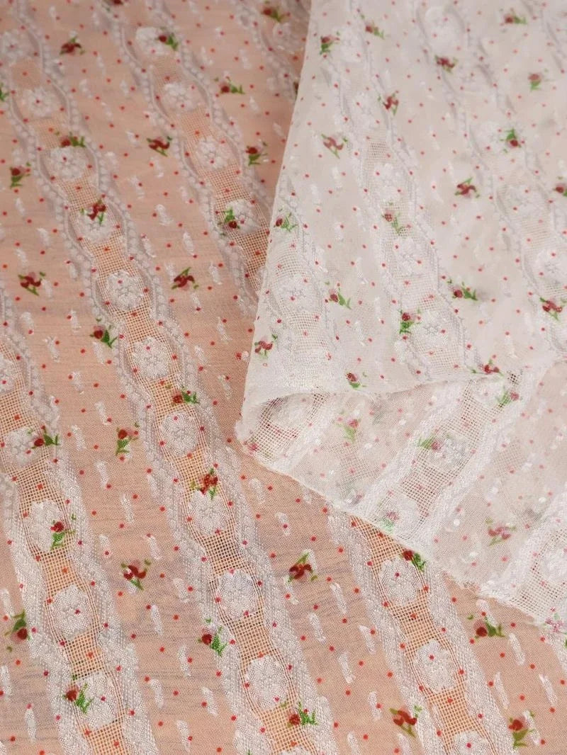قماش شيفون أورجانزا جاكار دانتيل منقط وردي - مادة شفافة زهرية