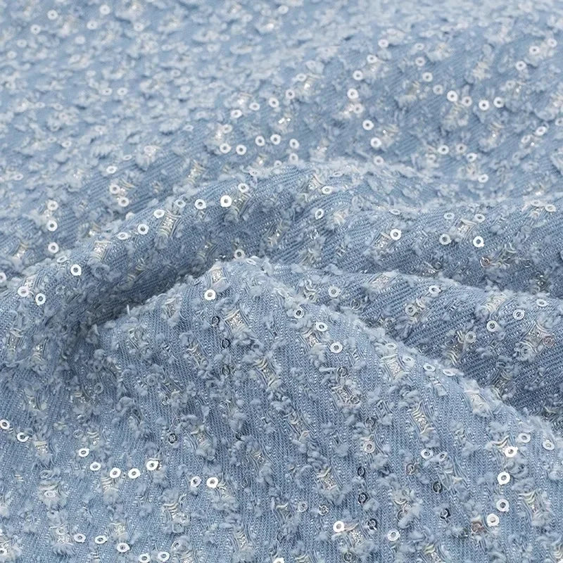 Sequined Embroidered Washed Denim Fabric - Thick Material 137cm