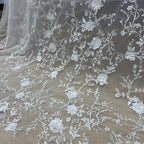 New Three-dimensional White Flower Bead Transparent Mesh Embroidery Lace Fabric Sewing Wedding Dress And Evening Dressdecoration