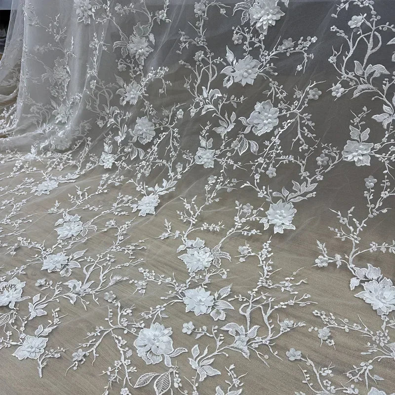 New Three-dimensional White Flower Bead Transparent Mesh Embroidery Lace Fabric Sewing Wedding Dress And Evening Dressdecoration