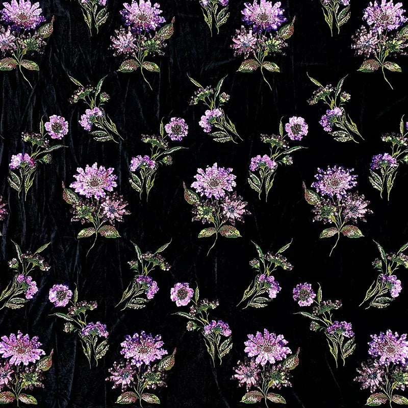 Tela de terciopelo floral con lentejuelas y cuentas de lujo - Bordado negro - Material de diseño - 130 cm