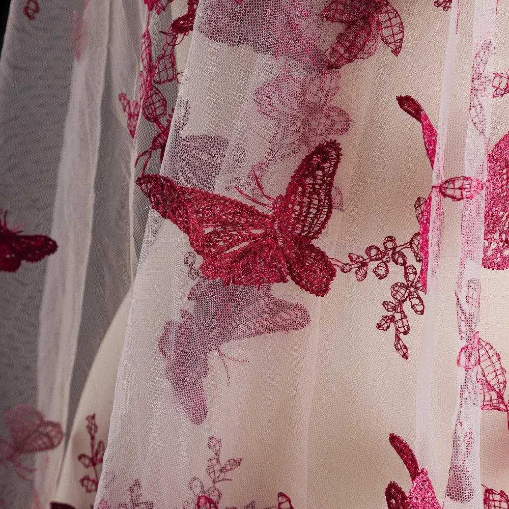قماش شبكي مطرز يدويًا على شكل فراشة من الدانتيل الزهري ثلاثي الأبعاد لفساتين الزفاف، مادة حرفية للخياطة الإبداعية