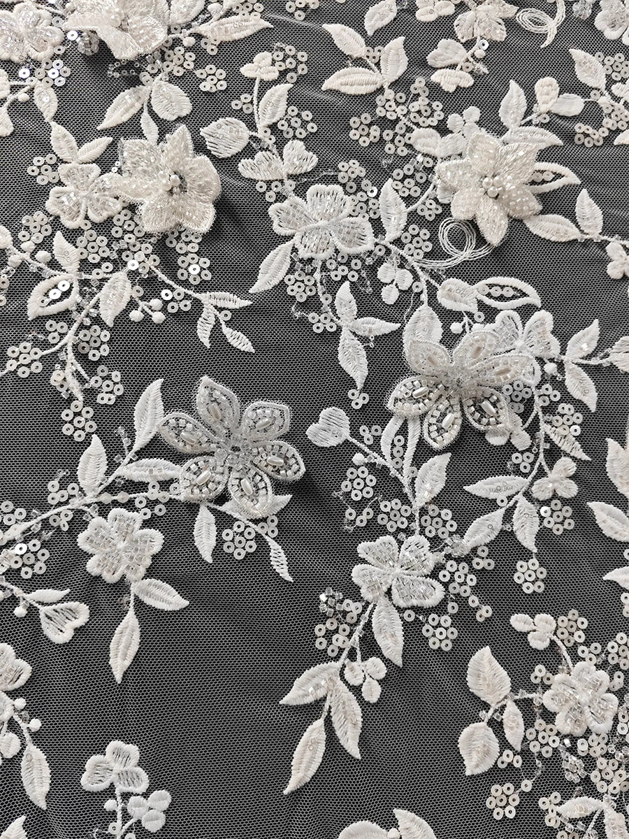New beaded sequins embroidered lace fabric, large flower branches sewn, high-end wedding dresses, three-dimensional decals