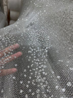 قاعدة فلاش، ترتر شبكي أبيض، ختم ساخن، رذاذ فضي، قماش فستان زفاف فلاش ناعم، قماش