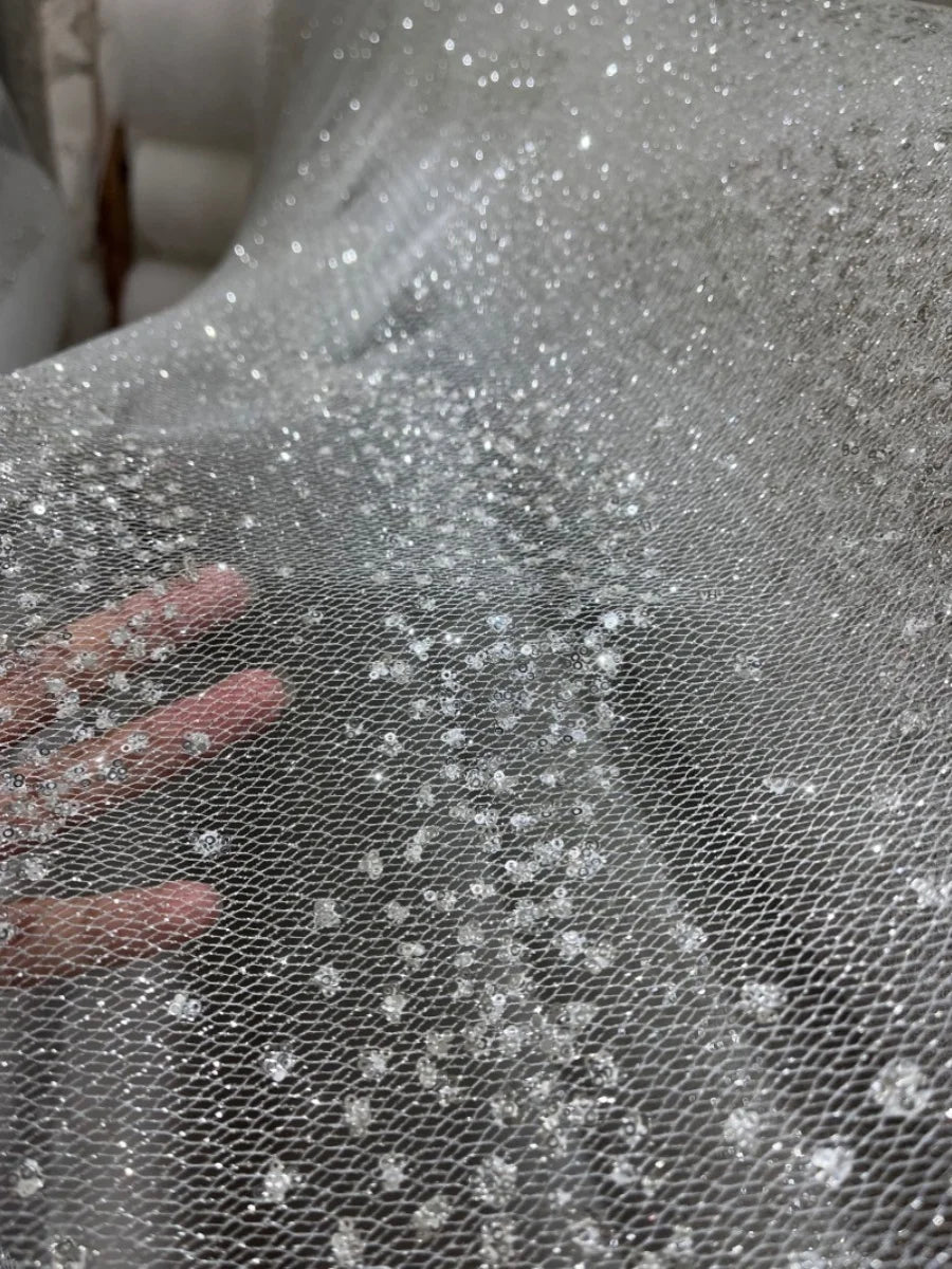 Flash base, white grid sequins, hot stamping, silver spray, fine flash wedding dress fabric, fabric