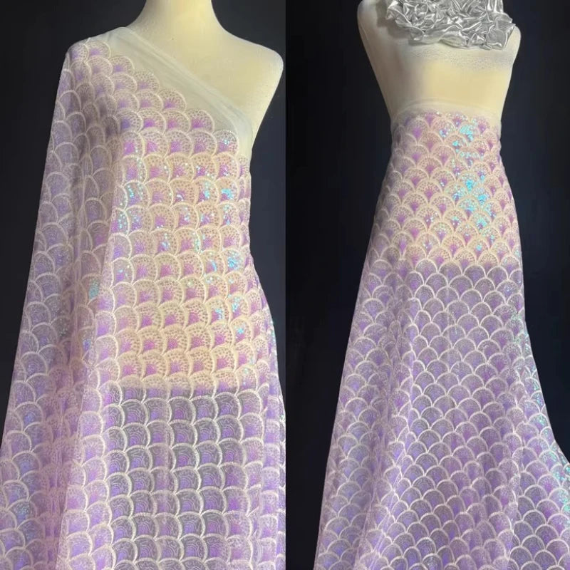 Mermaid Fish Scale Sequin Lace Mesh Fabric - Iridescent Holographic