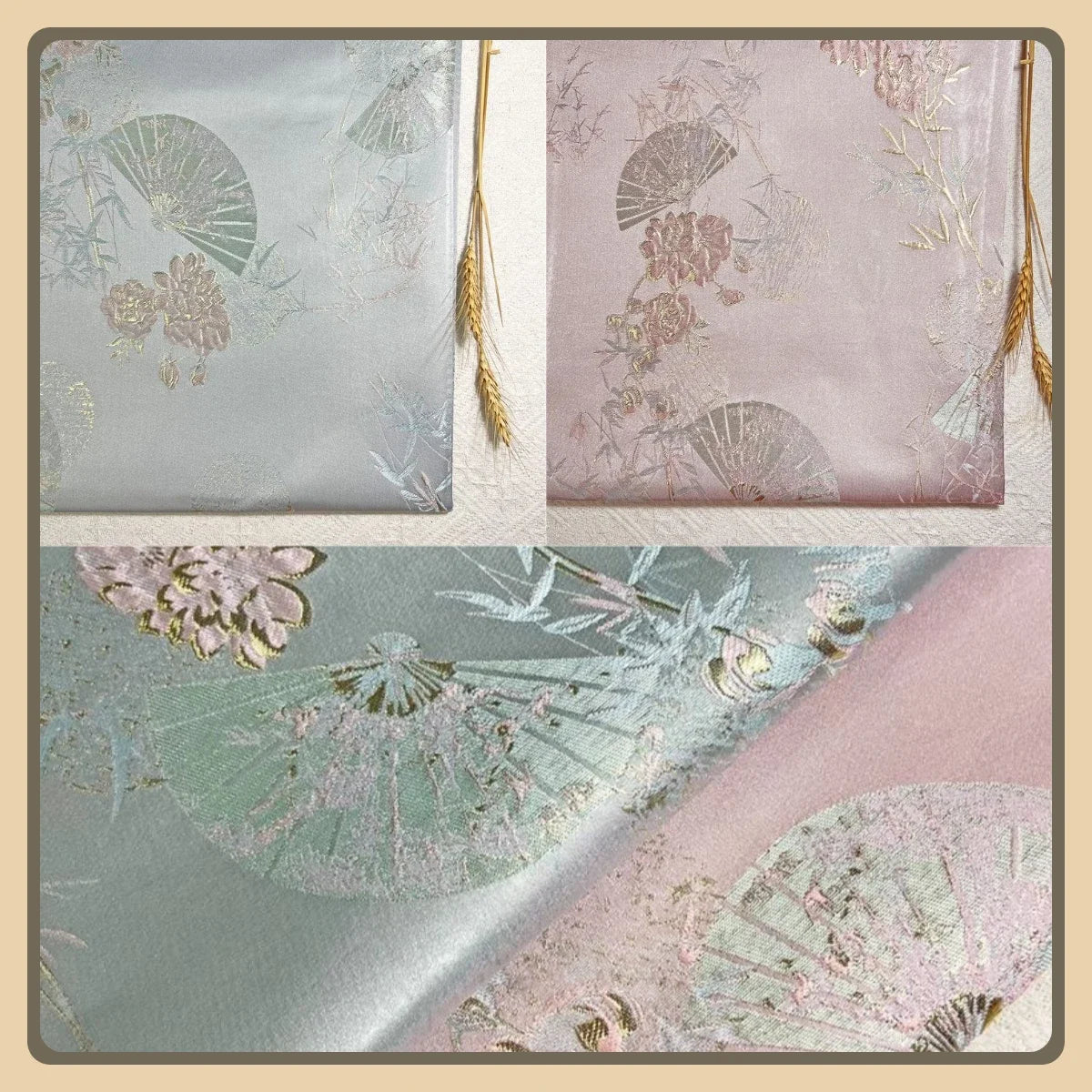 قماش جاكار بخيوط ذهبية - نمط أوراق الخيزران المروحية - مادة تقليدية