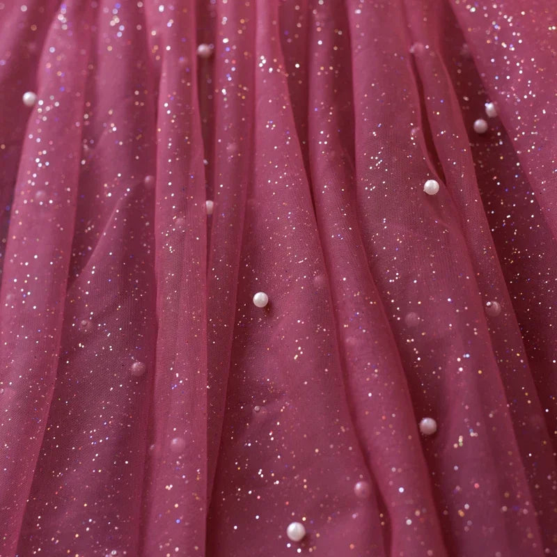 غزل سماء مرصعة بالنجوم متدرج الألوان، ختم ساخن، رش مسحوق، نسيج شبكي لامع ذهبي، غزل شفاف، قماش فستان، قماش