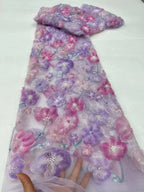 3D Ribbon Embroidered Beaded Flower Mesh - Evening Gown Tulle Fabric