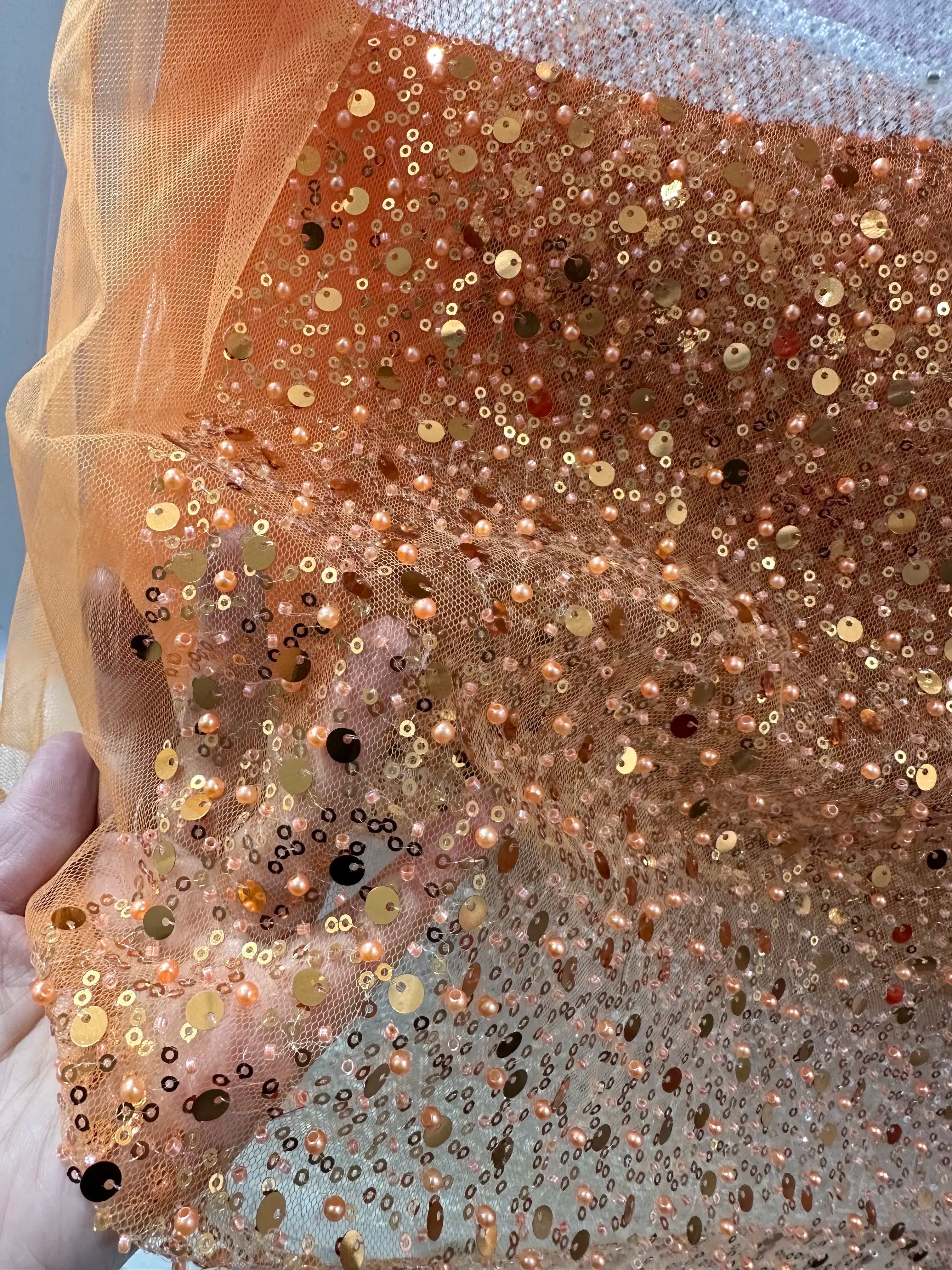 Gold Purple Red Embroidery Sequins Nail Bead Fabric Sewing Playing Dress Children's Clothing Transparent Mesh Fabric