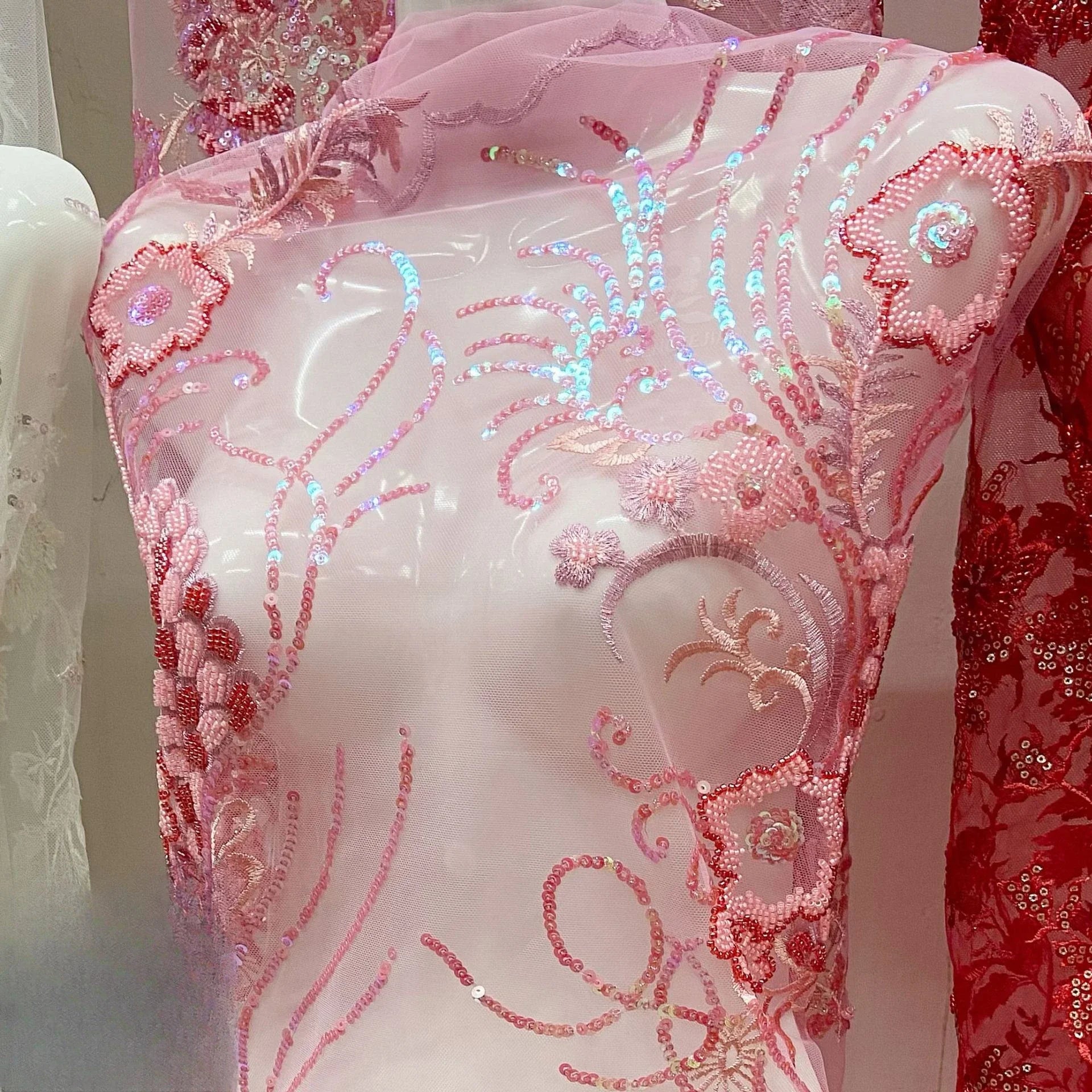 Multi Colored Flowers And Birds Super Dense Super Shiny Beautiful Embroidery Lace Beads Sequins Wedding Dress Banquet Fabric