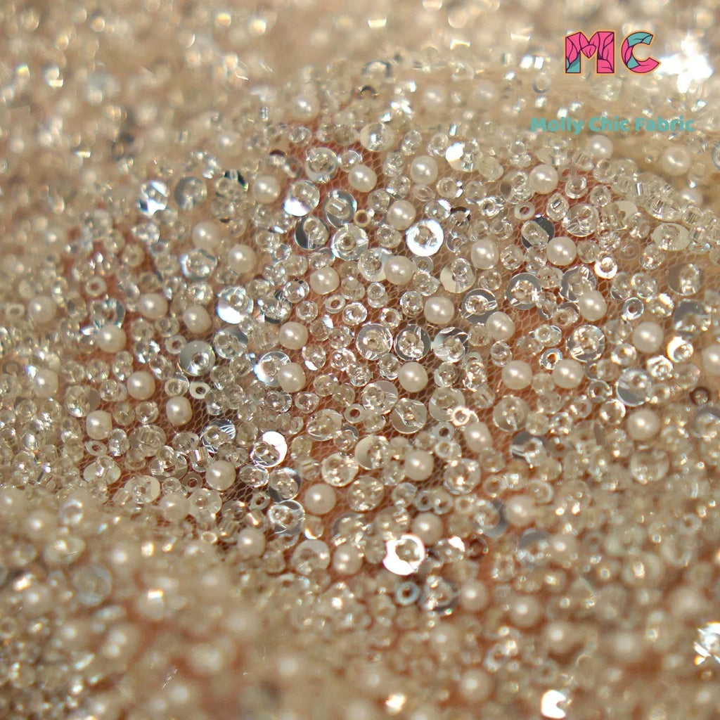 High-End Bead Embroidery Sequins Crystal Mesh Fabric - Luxury Material 130cm