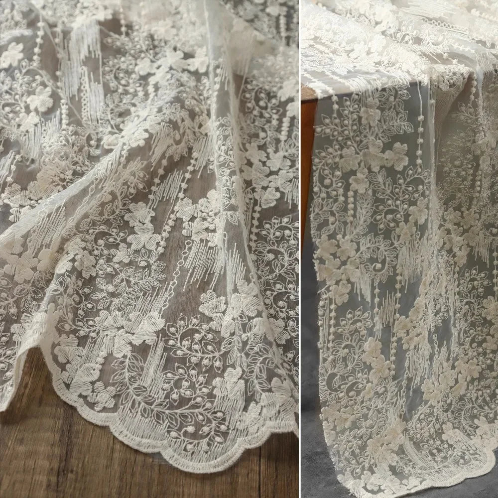 Beige Morning Glory Lace Embroidered Tulle Fabric Gradient Sheer For Wedding Dresses Bride Dress French Couture Textile