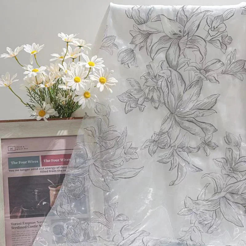 White Lily Embroidered Chiffon Lace Fabric - Elegant Material 130cm