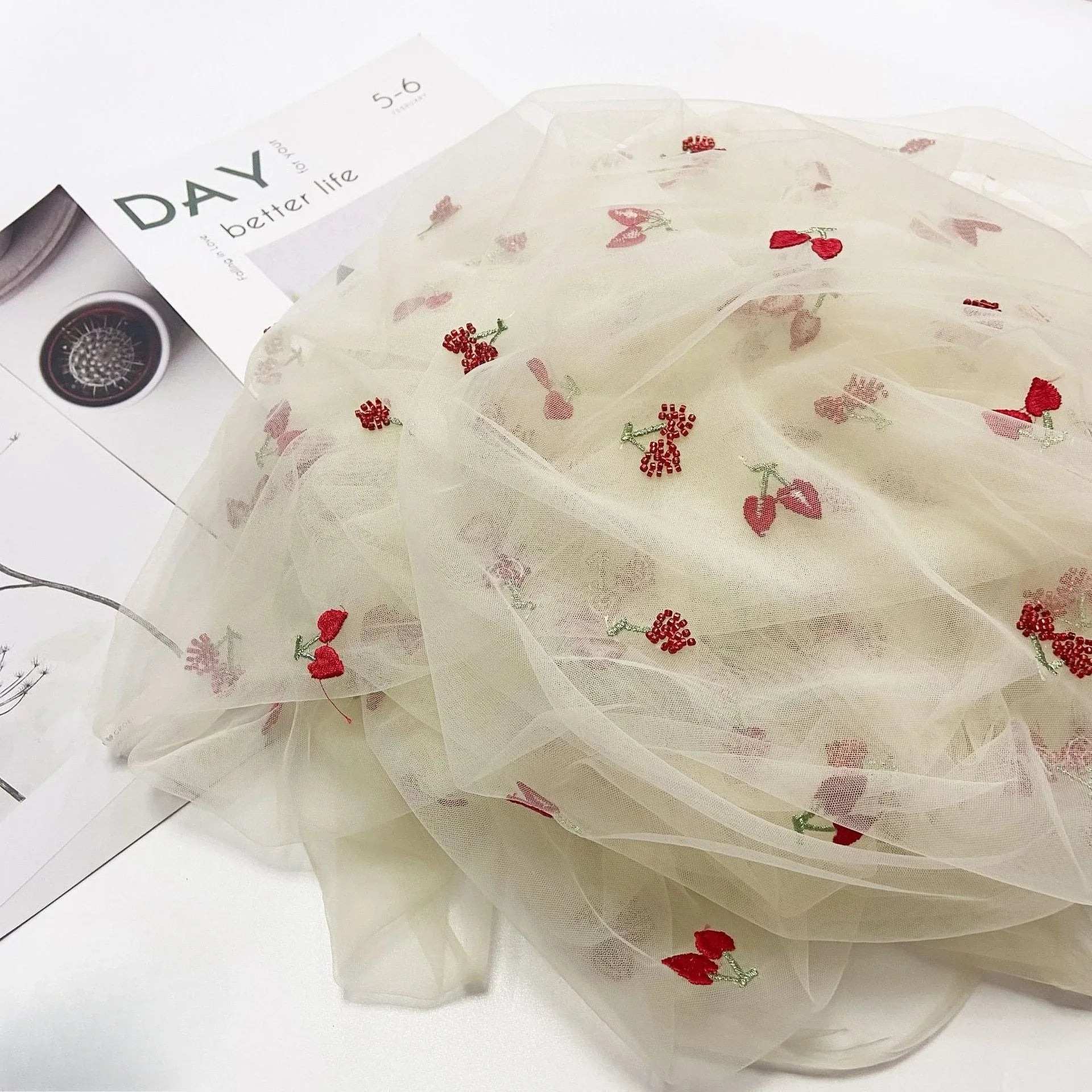 Tulle cherry-patterned beaded tube embroidered mesh fabric sewing children's clothing hair accessories and curtain fabric