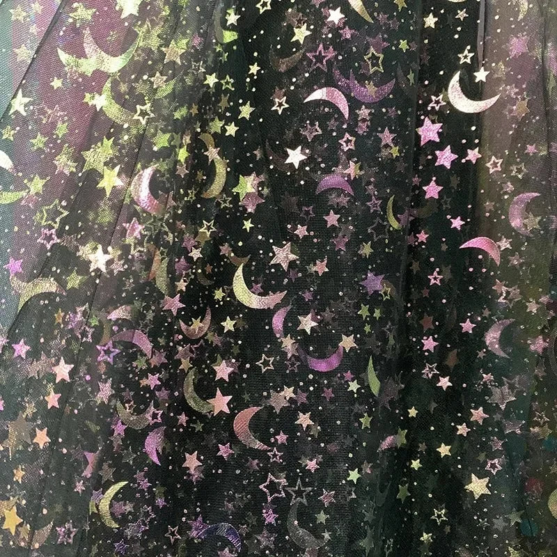 Dreamy Mesh Fabric For Children In Princess Style With Colored Star And Moon Printed Pattern Suitable For Wedding Dress Designer