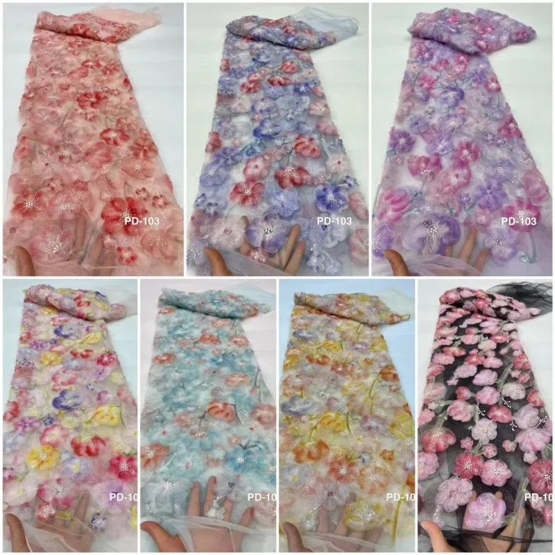 3D Ribbon Embroidered Beaded Flower Mesh - Evening Gown Tulle Fabric