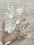 Tela de encaje con lentejuelas y flores tridimensionales 3D, hecha a mano, para vestido de novia, falda, accesorios de bricolaje hechos a mano