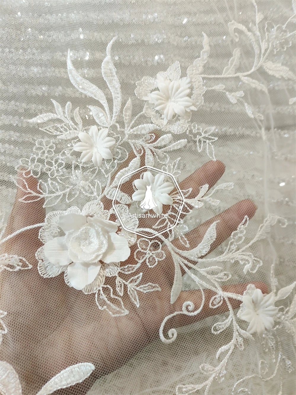 Tela de encaje con lentejuelas y flores tridimensionales 3D, hecha a mano, para vestido de novia, falda, accesorios de bricolaje hechos a mano